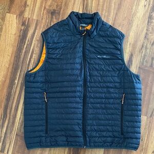 Eddie Bauer Men's XXL Dark Blue Quilted Down MicroTherm Vest with Orange Trim